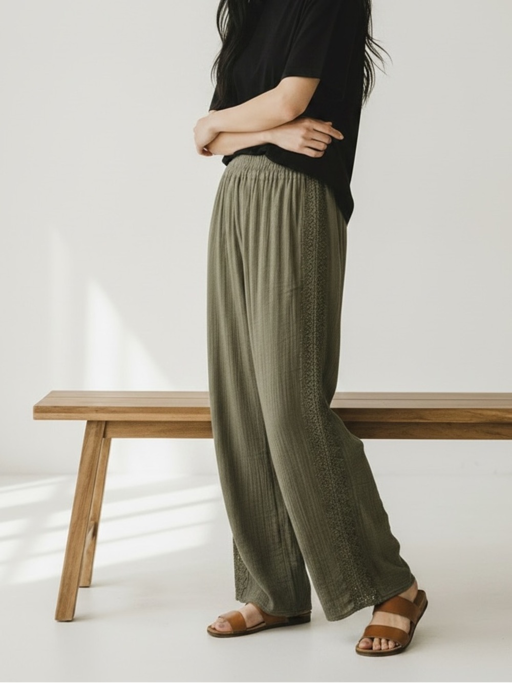 New Directions Linen Look Wide Leg Lined Pants Olive Crochet Side Trim Size M